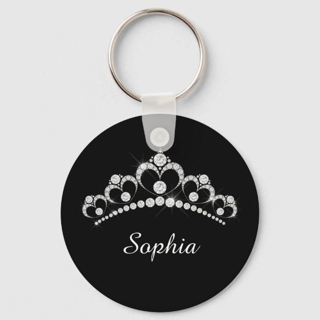 White Diamond Crown, DIY Script Name, Black Keychain (Front)