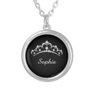 White Diamond Crown, DIY Script Name, Black Silver Plated Necklace