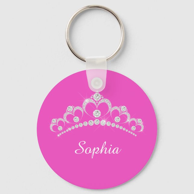 White Diamond Crown, DIY Script Name, Fuchsia Keychain (Front)