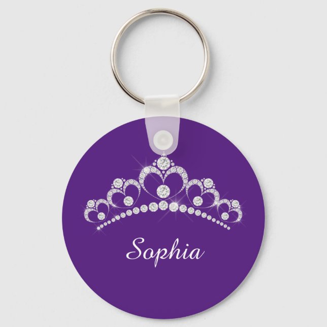 White Diamond Crown, DIY Script Name, Royal Purple Keychain (Front)
