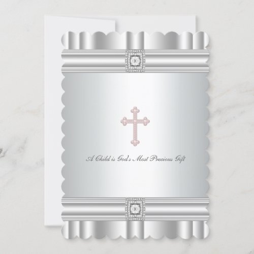Pink Cross White Girl Baptism Christening Invitations
