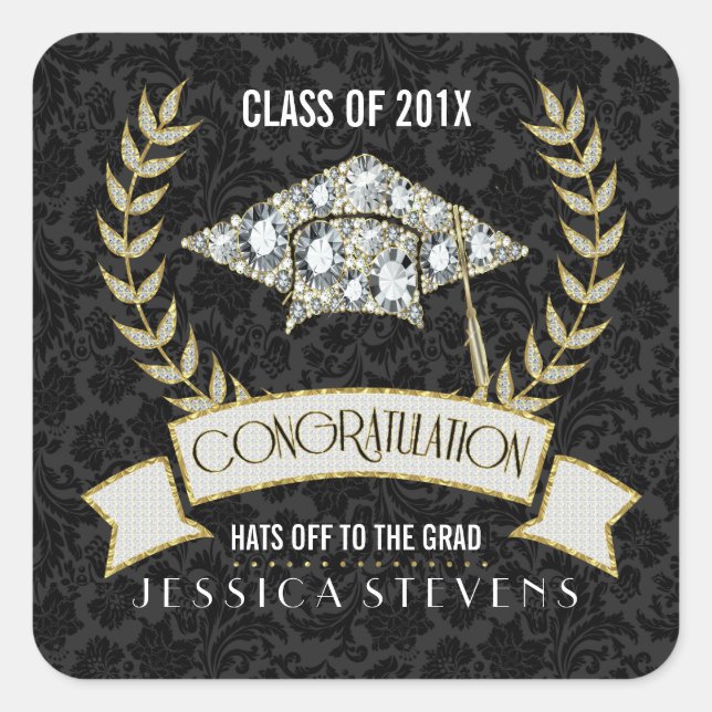 White diamond graduation hat square sticker (Front)