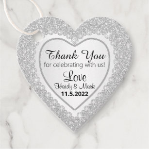 White Diamond Heart with Faux White Glitter  Favor Tags