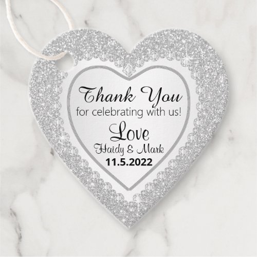 White Diamond Heart with Faux White Glitter  Favor Tags