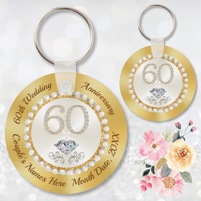 White Diamond Personalized 60th Anniversary Favors Keychain (Custom, 60th anniversary party favor ideas. 60th wedding anniversary decorations party supplies.)