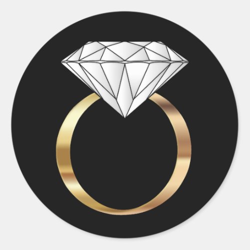 White Diamond Ring Black Gold Engagement Wedding Classic Round Sticker