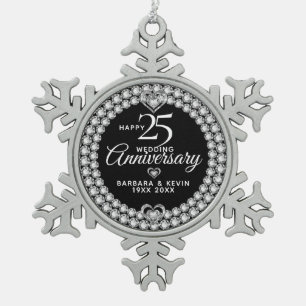 White Diamonds 25th Silver Wedding Anniversary Snowflake Pewter Christmas Ornament