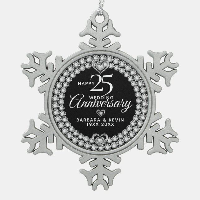 White Diamonds 25th Silver Wedding Anniversary Snowflake Pewter Christmas Ornament (Front)