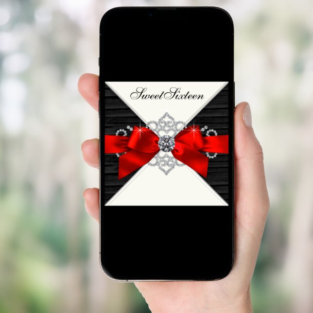 White Diamonds Black Red Sweet 16 Birthday Party Invitation (Front Digital)
