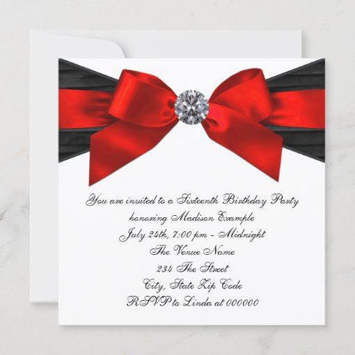 White Diamonds Black Red Sweet 16 Birthday Party Invitation | Zazzle