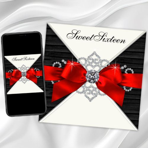 White Diamonds Black Red Sweet 16 Birthday Party Personalized Invitations