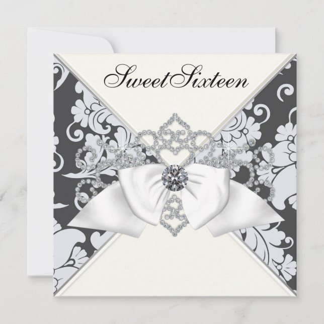 White Diamonds Black White Sweet 16 Birthday Party Invitation (Front)