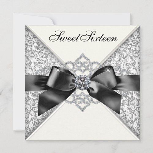 White Diamonds Black White Sweet 16 Birthday Party Custom Invites