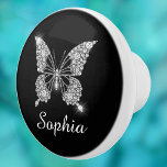 White Diamonds Butterfly, DIY Script Name, Black Ceramic Knob<br><div class="desc">A classy white diamonds butterfly design to personalize name in white script text on black background. Click “Customize” to change colors and type styles.</div>
