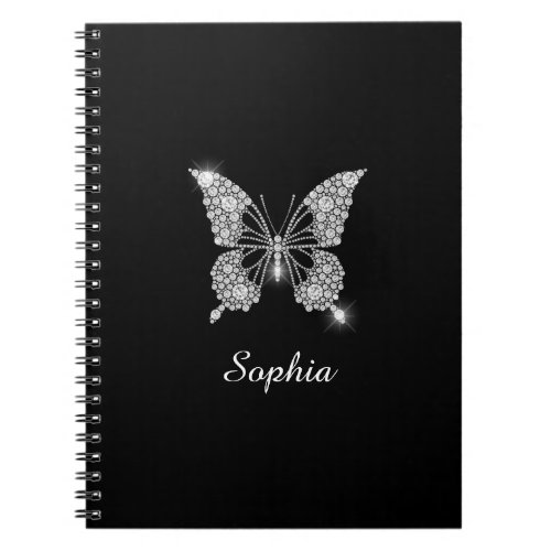 White Diamonds Butterfly DIY Script Name Black Notebook