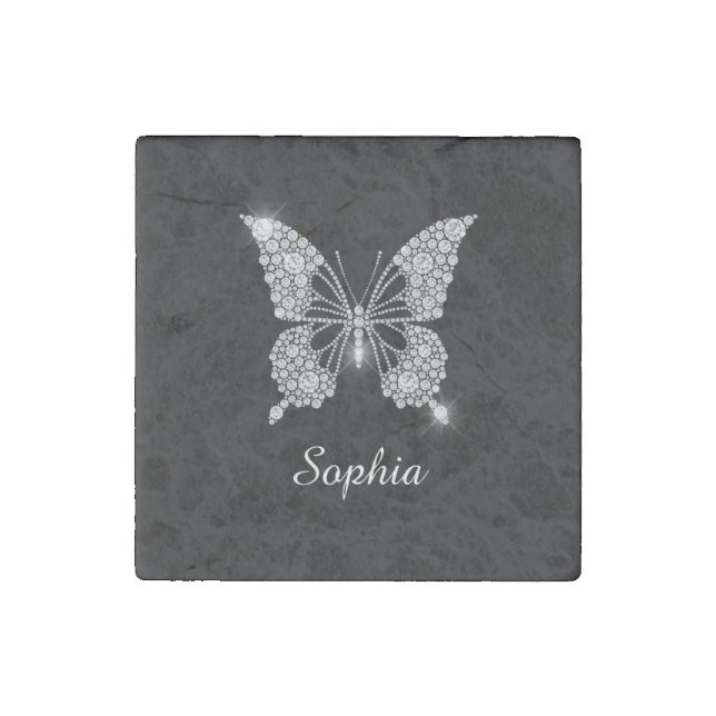 White Diamonds Butterfly, DIY Script Name, Black Stone Magnet (Front)
