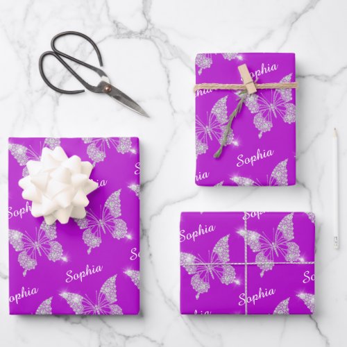 White Diamonds Butterfly Sparkle DIY Name Purple Wrapping Paper Sheets