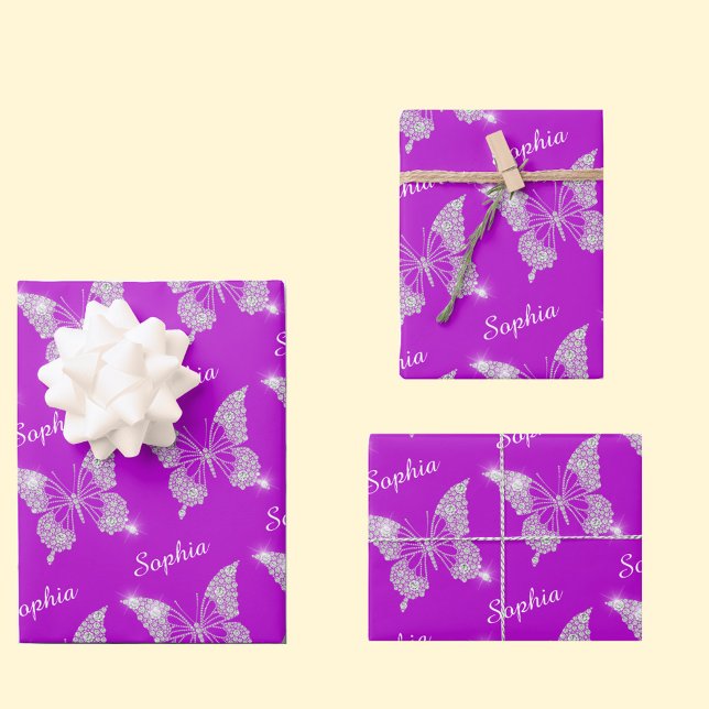 White Diamonds Butterfly Sparkle, DIY Name, Purple Wrapping Paper Sheets (Creator Uploaded)
