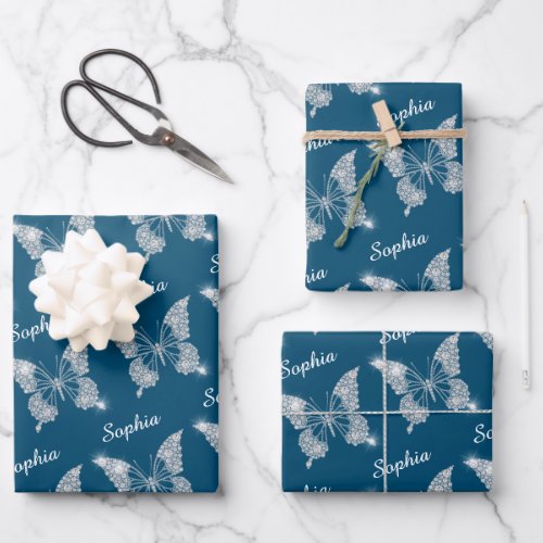 White Diamonds Butterfly Sparkle Name Ocean Blue Wrapping Paper Sheets