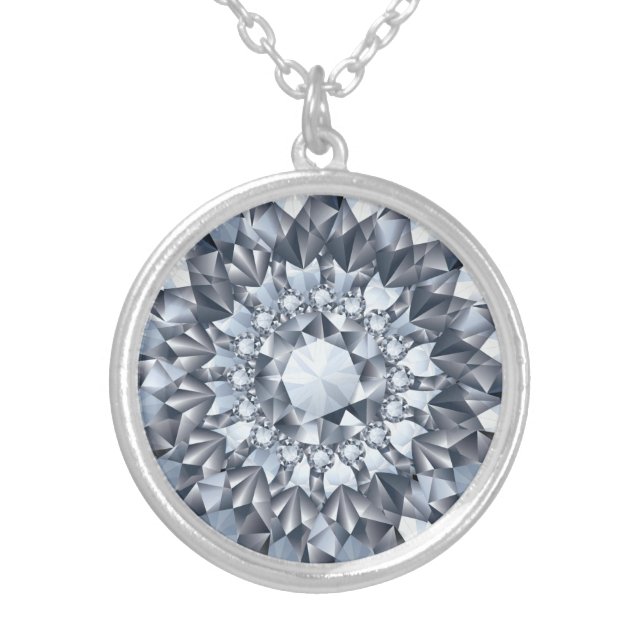 White Diamonds Closeup geometric Design Silver Plated Necklace (Front)