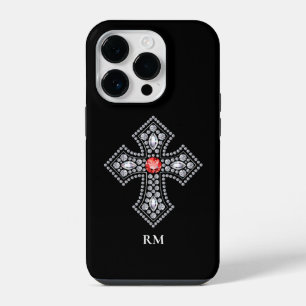 White Diamonds Cross Red Gem Accent iPhone 14 Pro Case