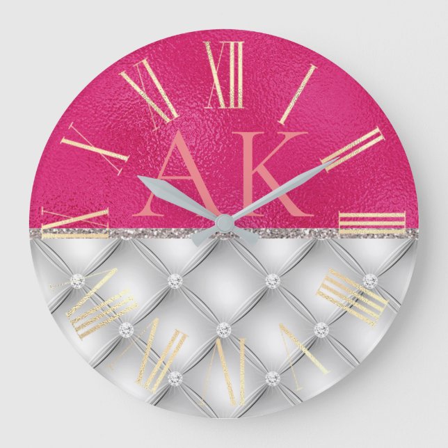 White Diamonds Cushion on Hot Pink Leather Large Clock (Front)