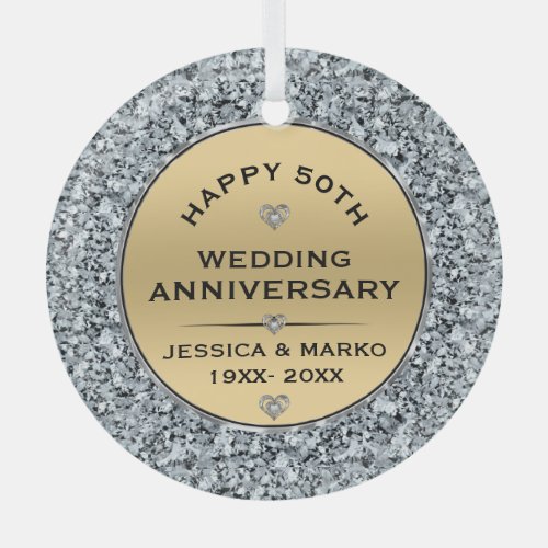 White diamonds  gold 50th Wedding Anniversary Glass Ornament