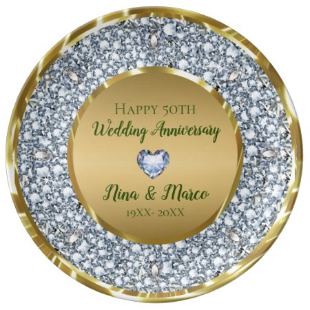 White Diamonds & Gold 50th Wedding Anniversary Porcelain Plate