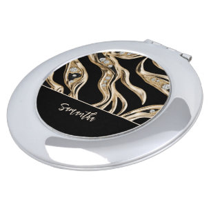 White diamonds, gold border abstract shapes compact mirror