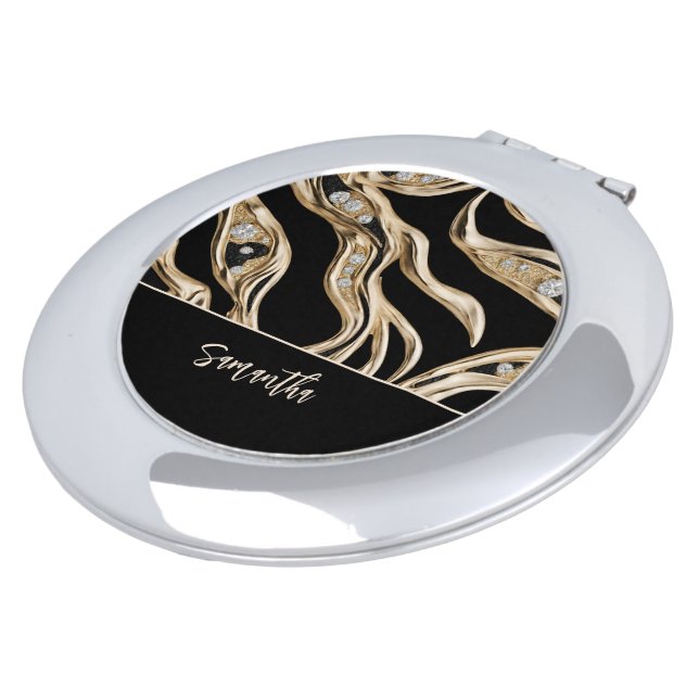White diamonds, gold border abstract shapes compact mirror (Turned)