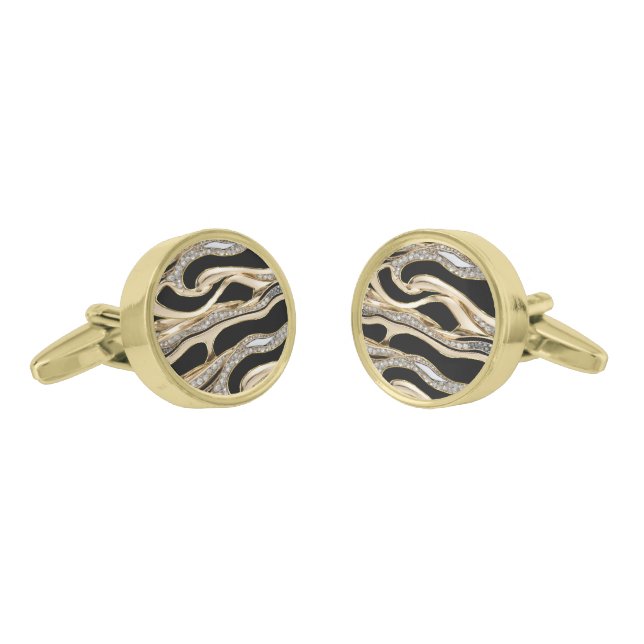 White diamonds, gold border abstract shapes cufflinks (Angled)