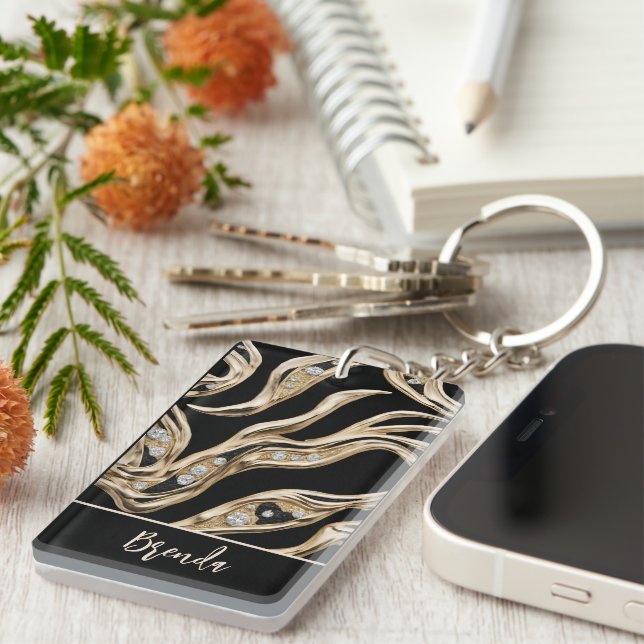 White diamonds, gold border abstract shapes keychain (Front Right)