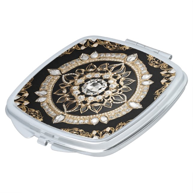 White diamonds, gold border mandala design compact mirror (Turned)