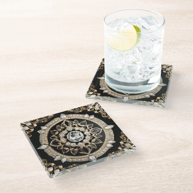 White diamonds, gold border mandala design glass coaster (Angled)