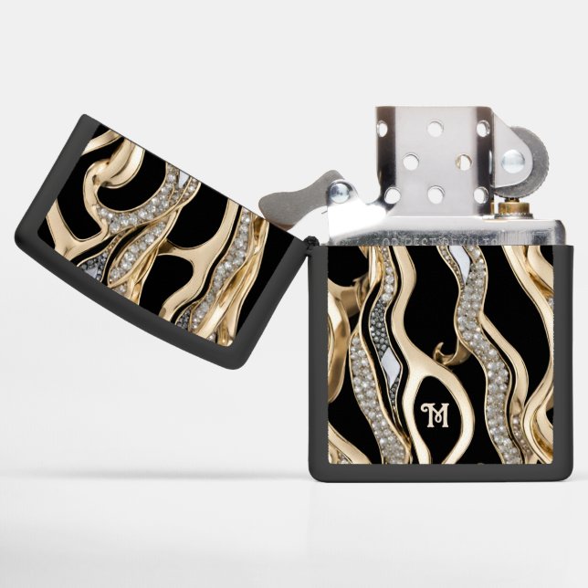 White diamonds, gold border mandala design zippo lighter (Opened)