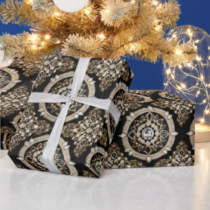White diamonds, gold border mandala glamor design wrapping paper