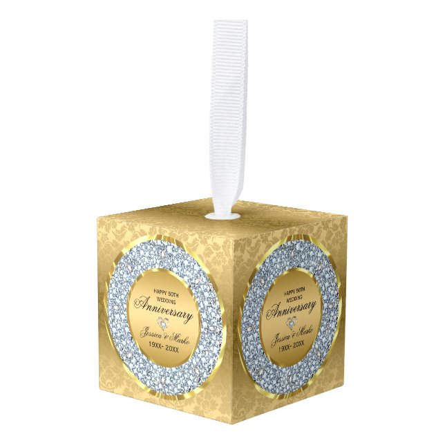 White Diamonds & Gold Gold Wedding Anniversary Cube Ornament (Front Angled)