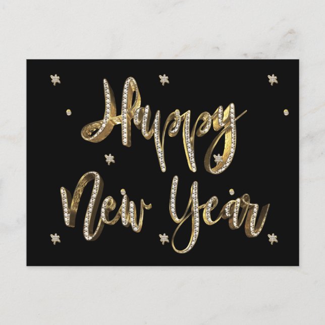 White Diamonds Gold Script Black Happy New Year Holiday Postcard (Front)