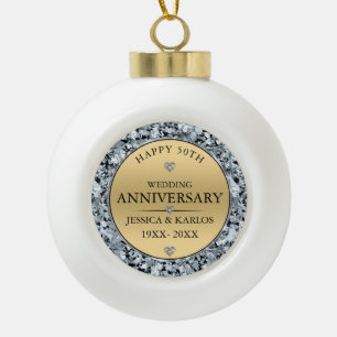 White diamonds & gold wedding anniversary ceramic ball christmas ornament