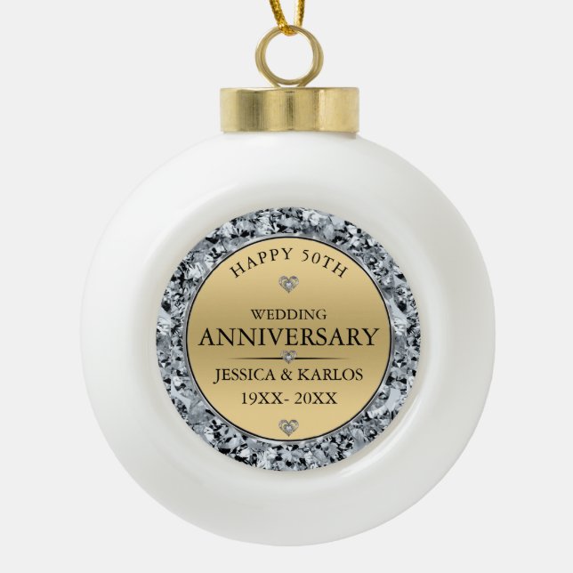 White diamonds & gold wedding anniversary ceramic ball christmas ornament (Front)