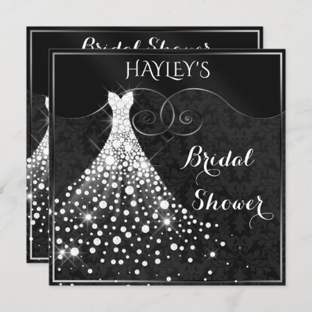 White Diamonds Gown Black Silver Bridal Shower Invitation