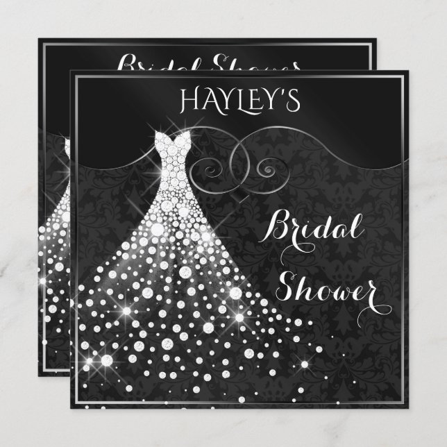 White Diamonds Gown Black Silver Bridal Shower Invitation (Front/Back)