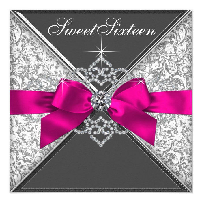 White Diamonds Hot Pink Sweet 16 Birthday Party Personalized Announcement