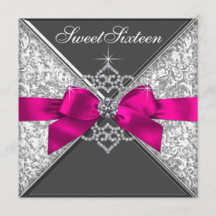 White Diamonds Hot Pink Sweet 16 Birthday Party Invitation