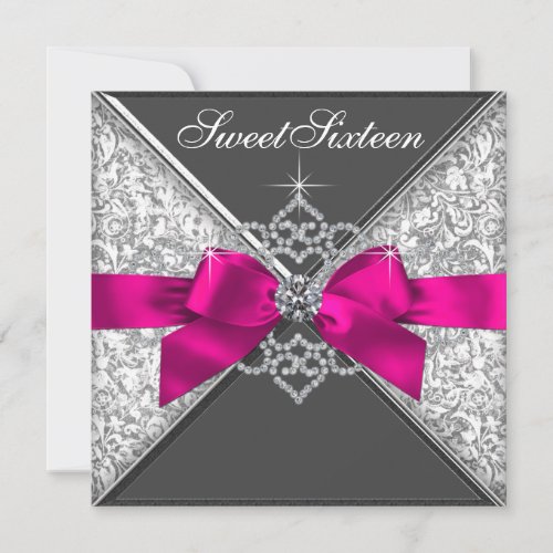 White Diamonds Hot Pink Sweet 16 Birthday Party Invitation