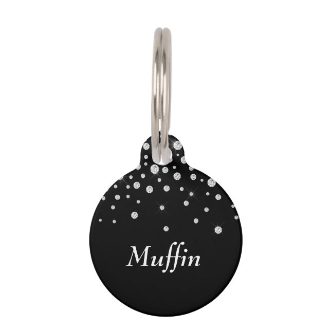 White Diamonds & Name on Black Pet ID Tag (Front)