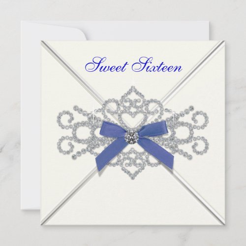 White Diamonds Navy Blue Sweet 16 Birthday Party Invites