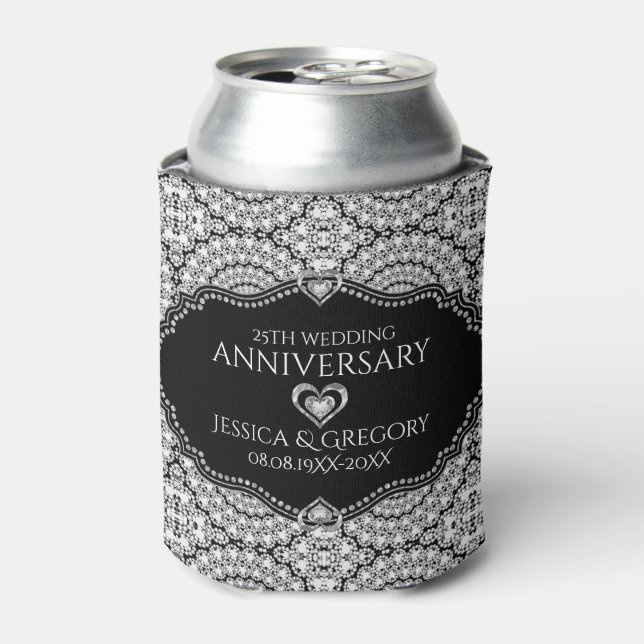White Diamonds Pattern 25th Wedding Anniversary Can Cooler (Can Front)