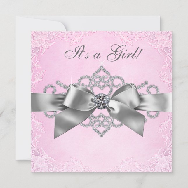 White Diamonds Pink and Gray Baby Shower Invitation (Front)