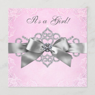 White Diamonds Pink and Gray Baby Shower Invitation